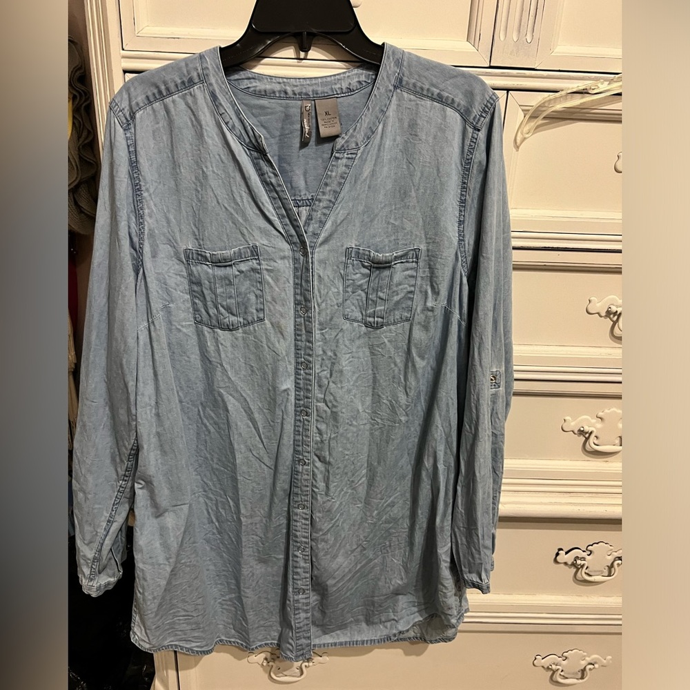 New Directions denim tunic shirt. I am short so I wore it as a dress some too.